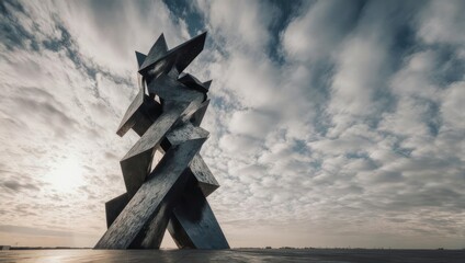 Monumental abstract metal sculpture under a dramatic cloudy sky.