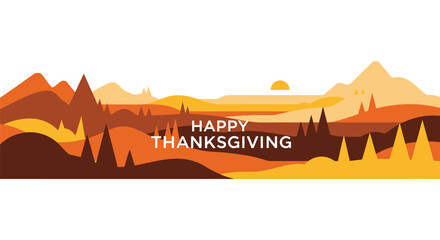 Happy thanksgiving greeting card with a stylized autumn landscape and rolling hills at sunset