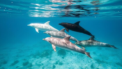 Fototapeta premium A diverse pod of six dolphins, including a rare white one, swims gracefully together in crystal-clear blue tropical ocean water. Highlights marine biology, diversity, and tropical adventure.