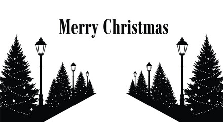 Elegant merry christmas greeting with silhouettes of decorated pine trees and vintage street lamps along a path