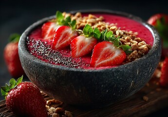 Indulge in a vibrant strawberry smoothie bowl topped with granola and chia seeds for a delicious and healthy breakfast or snack that is Instagram worthy