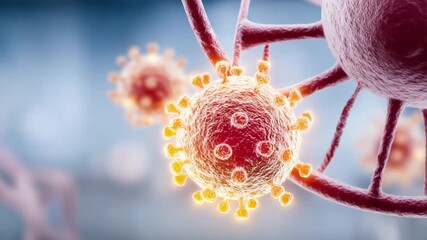 Microscopic Battle: A detailed view of a virus under a microscope, highlighting its structure and the complex battle against human health.