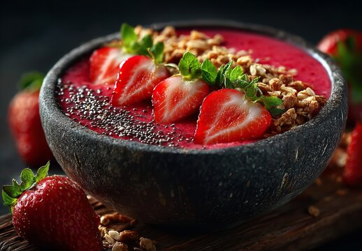 Indulge in a vibrant strawberry smoothie bowl topped with granola and chia seeds for a delicious and healthy breakfast or snack that is Instagram worthy