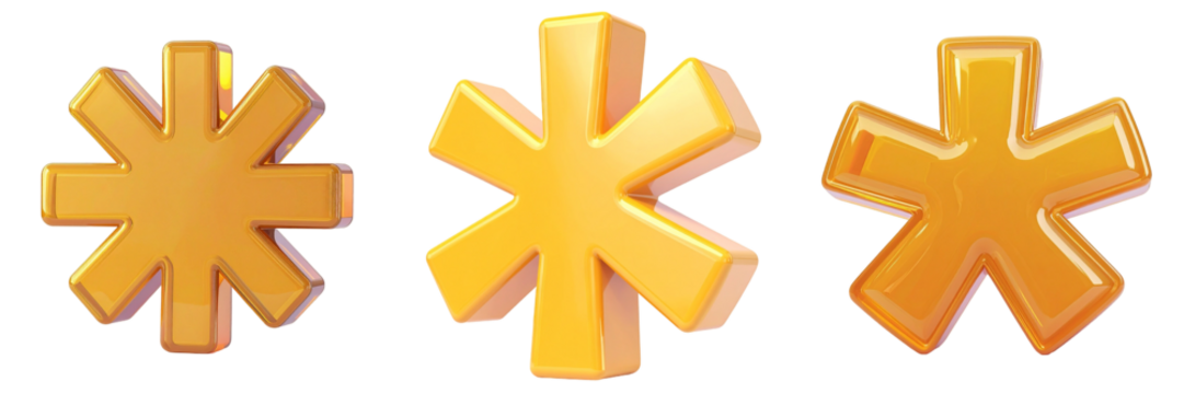 Three Dimensional Golden Asterisk Symbols On Transparent Background