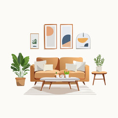 Modern Cozy Living Room Illustration – Scandinavian Interior with Sofa, Indoor Plants, Abstract Wall Art, Wooden Furniture, Minimalist Home Decor Vector