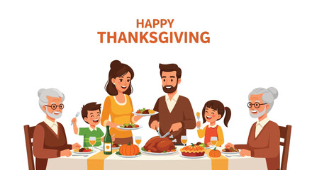 Happy thanksgiving celebration with a multi generational family enjoying a festive meal together around a table laden with food