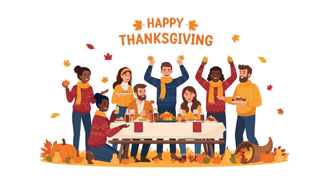 Diverse group of friends and family celebrating thanksgiving together around a festive table with food and autumn decorations