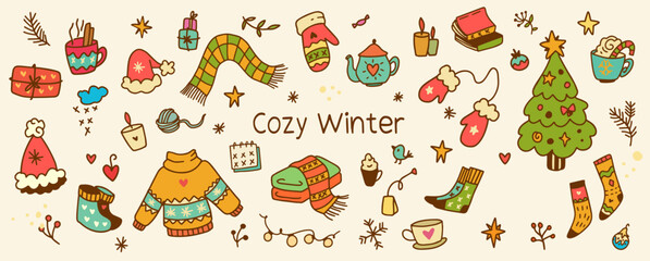 Winter Banner doodle set. Warm clothes, drinks, books, gifts, candles, mittens, socks, snowflakes and others. Cute line art vector. on white background Christmas mood
