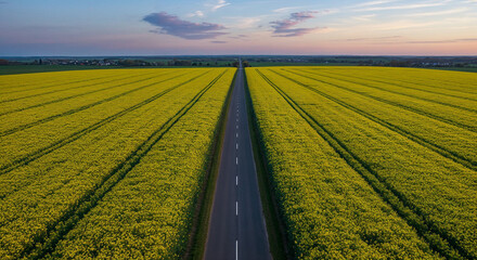 Fototapeta premium Spring Rapeseed Bloom with Rural Road Aerial Photography
