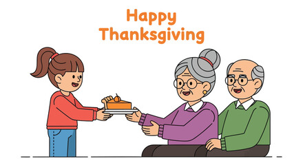 Happy thanksgiving greeting with a young girl offering a slice of pumpkin pie to her grandparents