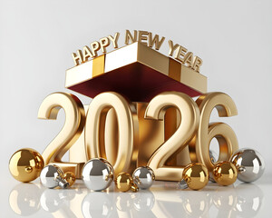 Luxury gold 2026 with silver and gold Christmas balls and open gift box, “Happy New Year” bright white surface