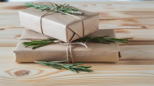 Wrapped Gifts with Natural Charm: Two elegantly wrapped gifts, adorned with twine and fresh greenery, rest on a rustic wooden surface, evoking a sense of warmth and understated elegance.