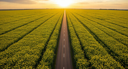 Fototapeta premium Spring Rapeseed Bloom with Rural Road Aerial Photography