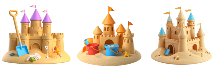 Three Sandcastles on Sand with Blue Purple and Orange Flags and Tools in Transparent Background