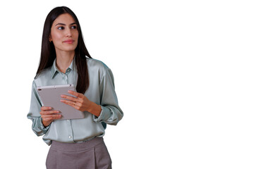 Fototapeta premium Confident businesswoman holding tablet looking away, thinking about strategy and planning. Transparent background for creative use