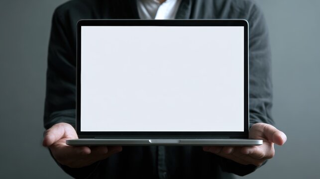 Man holding a laptop with a blank screen, perfect for mockups and presentations - Powered by Adobe