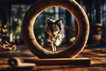 A border collie leaps gracefully through a hoop in a dog agility gym filled with colorful equipment. The wooden floor adds warmth to this active training scene