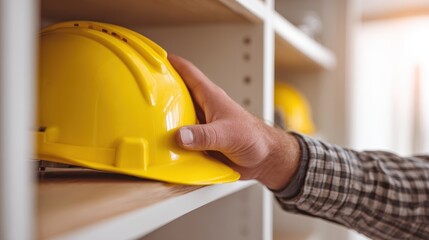 Hand reaching for a yellow construction helmet on a shelf