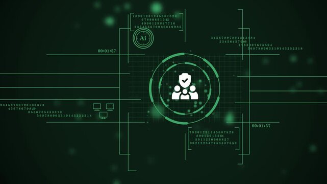 futuristic user protection interface with green data streams. cyber safety for social networks with shield and people icon. public safety monitoring screen with artificial intelligence.