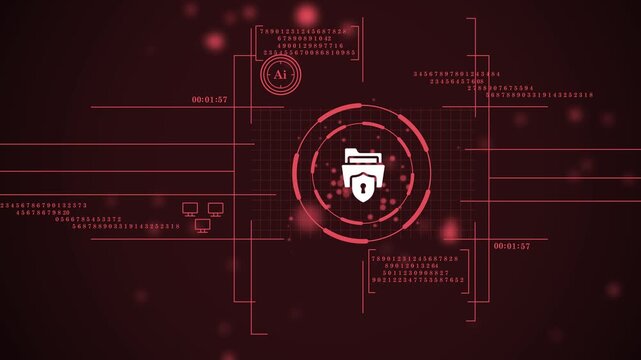 futuristic secure folder interface with data protection shield. network data defense interface on red matrix background. cyber security document safety concept with red hud. 