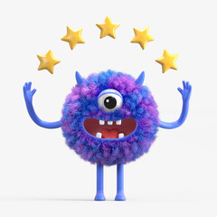 Fluffy, cute monster with five stars, representing top-quality service. 3D rendering, conceptual image. Isolated on white background.