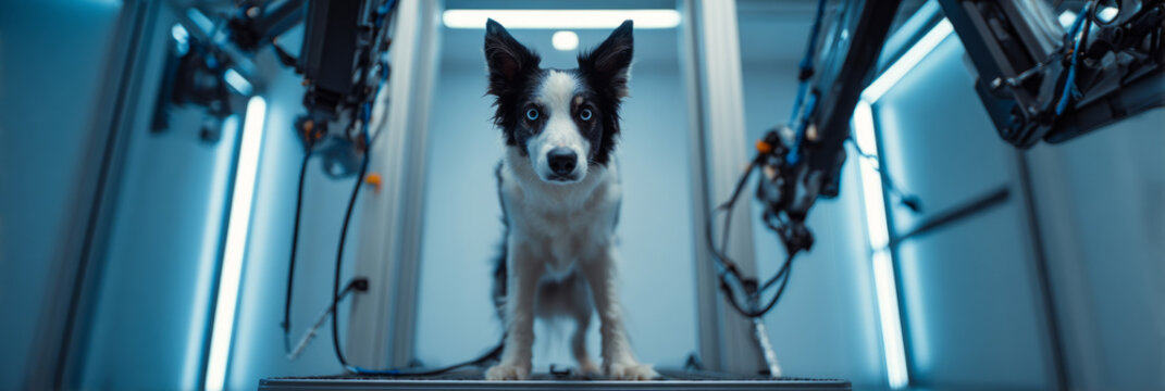 Border collie works with robotic manipulators on a balance platform to enhance mobility and strength during rehabilitation sessions in a gym-like environment, banner