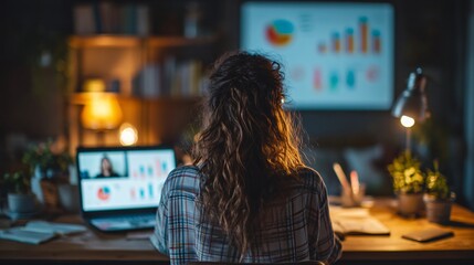 Stylish Business Strategist Working Remotely at Night with Charts