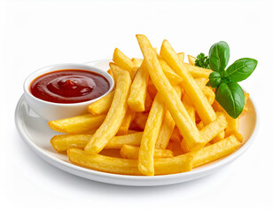 A plate of French fries and a small bowl of espagnole sauce. Isolated on a white background.
