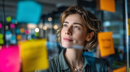 Female Professional in Modern Coworking Space with Sticky Notes