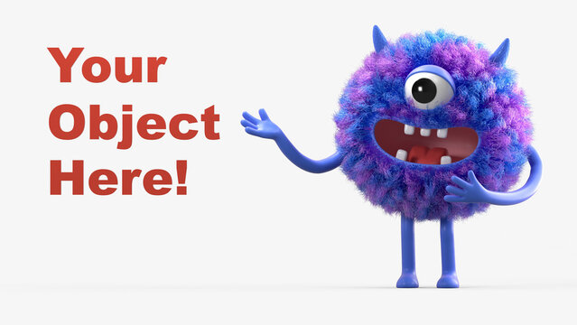 Fluffy, cute monster presents a space for "Your Object Here!" 3D rendering, promotional image. Isolated on white background.