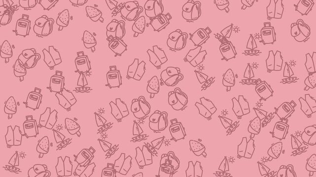 animated summer holiday icon seamless pattern sketches of backpacks, bottles, cartoon characters on pink. Ideal for school supplies, travel products, fun illustrations, and childrens designs.