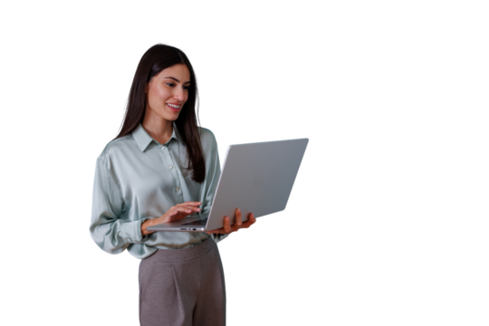 Professional businesswoman smiling, standing, and typing on a laptop, using technology for work with a transparent background - Powered by Adobe