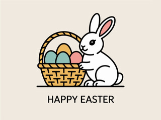 Fototapeta premium A charming illustration of a white bunny holding a wicker basket filled with colorful Easter eggs, bringing joy and warmth to the traditional spring holiday celebration.