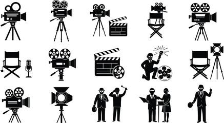 Film production icons, movie camera, director chair, clapperboard, microphone, studio light, film reel, filmmaking symbols, cinema industry, creative media set