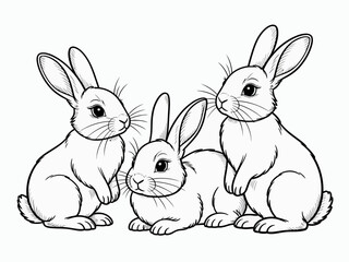 A charming illustration of three adorable rabbits in a playful, whimsical setting, perfect for children's books or animal-themed projects showcasing nature's cuteness.