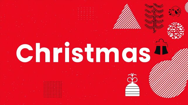 Bold Christmas promotional poster with large white "Christmas" text and black outline icons of trees, ornaments, and gifts on a speckled red background.