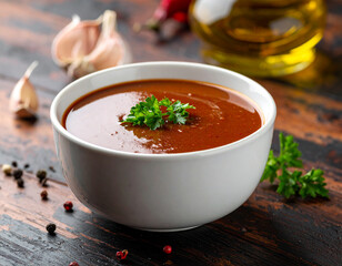 a bowl of Espagnole sauce on a wooden table