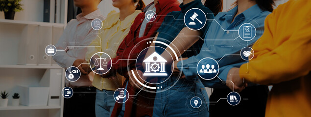 A diverse group of professionals engages in collaboration on legal and financial topics, surrounded...