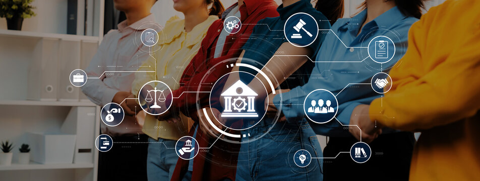 A diverse group of professionals engages in collaboration on legal and financial topics, surrounded by digital icons illustrating key concepts like law and banking. Trope