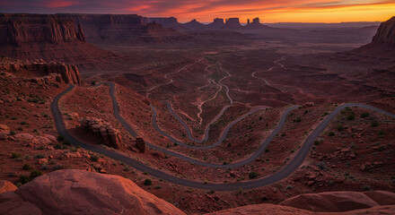 Drone Photography of Canyon Road Through American Southwest Red Rocks Landscape