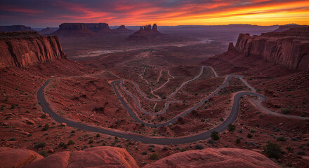 Drone Photography of Canyon Road Through American Southwest Red Rocks Landscape