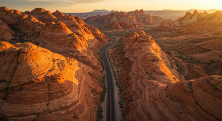 Drone Photography of Canyon Road Through American Southwest Red Rocks Landscape