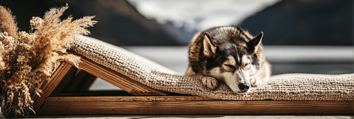 A husky explores a tunnel and climbing platform in a spacious indoor dog training area designed for fitness and rehabilitation. This setup promotes health and bonding, banner