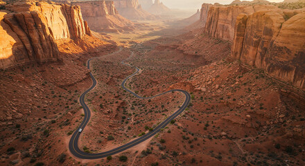 Drone Photography of Canyon Road Through American Southwest Red Rocks Landscape