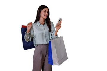 Woman holding shopping bags and smartphone, checking phone while shopping, standing for retail...