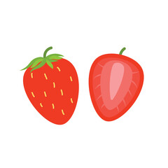Cartoon Strawberry with Half Slice on White Background. Minimalist Summer Fruit Graphic Element Vector. Fresh Whole and Cut Red Strawberry Icon Design.