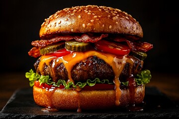 Dramatic hyper-realistic bacon cheeseburger with dripping sauce
