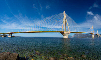 Greece, Patras, Rio–Antirrio Bridge - 6 April 2024 - Overview of the imposing bridge of Patras: the Rio–Antirrio Bridge
