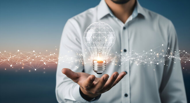 Man Holding Glowing Light Bulb Network - Powered by Adobe