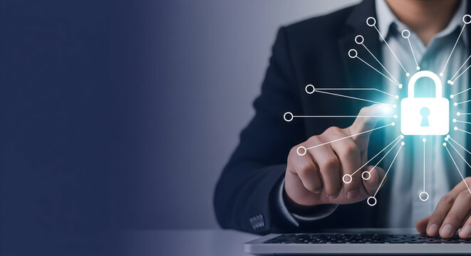 Man Touching Digital Lock Symbol for Cybersecurity